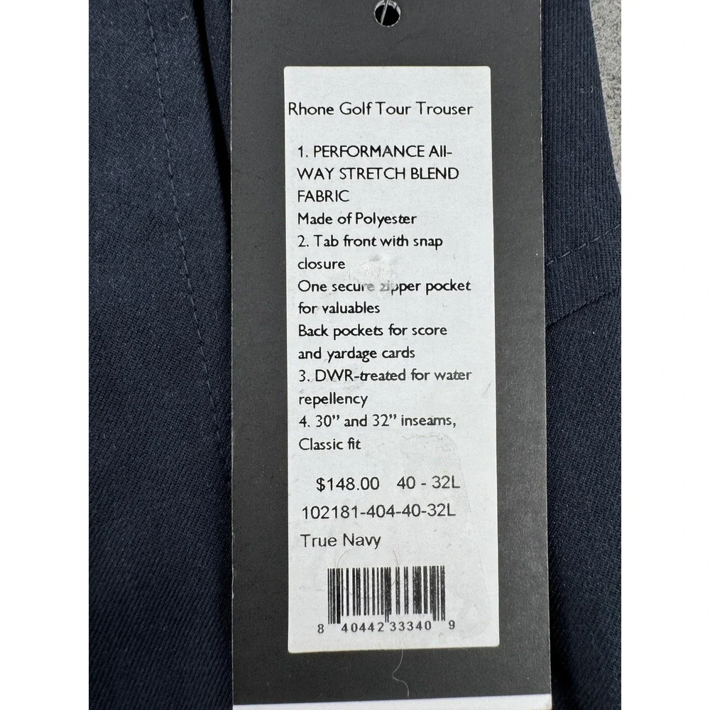 Rhone Golf Tour Trouser Pants Mens 40x32 Navy Stretch Water Resistant Golf